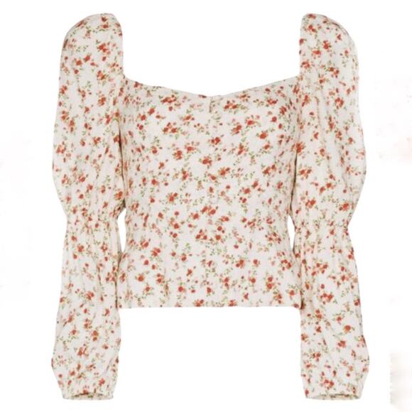 Reformation Cera Top White Red Floral Long Sleeve Button Front Sweetheart Neck 8 - Picture 1 of 13